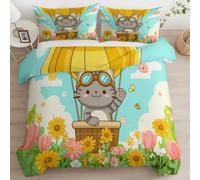 Kids Teens Cartoon Animals Cat Plants Flower Field Duvet Cover Junior (120 x 150 cm), Multicoloured Reversible Bedding for Boys Girls - Soft Breathable Quilt Cover, Easy Care Duvet Covers