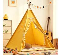 Kids Teepee Tent, Tent for Kids, Foldable Sleepover Tent with Carpet, Window, Easy to Assemble Indoor & Outdoor Tents for Kids, Garden Beach Canvas Playhouse (Yellow, 1.35M)