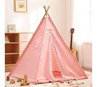 Kids Teepee Tent, Tent for Kids, Foldable Sleepover Tent with Carpet, Window, Easy to Assemble Indoor & Outdoor Tents for Kids, Garden Beach Canvas Playhouse (Pink, 1.35M)