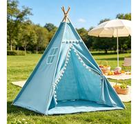 Kids Teepee Tent, Tent for Kids, Foldable Sleepover Tent with Carpet, Window, Easy to Assemble Indoor & Outdoor Tents for Kids, Garden Beach Canvas Playhouse (Blue, 1.35M)