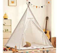 Kids Teepee Tent, Tent for Kids, Foldable Sleepover Tent with Carpet, Window, Easy to Assemble Indoor & Outdoor Tents for Kids, Garden Beach Canvas Playhouse (White, 1.35M)