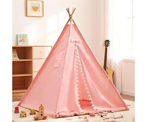 Kids Teepee Tent, Tent for Kids, Foldable Sleepover Tent with Carpet, Window, Easy to Assemble Indoor & Outdoor Tents for Kids, Garden Beach Canvas Playhouse (Pink, 1.8M)