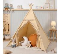 Kids Teepee Tents Indoor: Toddler Tipi Play Tents Cotton Large with Storage Bag Colourful Flags and Window Foldable Brown Playhouse Toys House for Grils Boys Birthday Gift