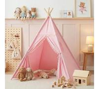 Kids Teepee Tents Indoor: Toddler Tipi Play Tents Cotton Large with Storage Bag Colourful Flags and Window Foldable Pink Playhouse Toys House for Grils Boys Birthday Gift