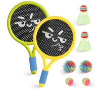 Kids Tennis Rackets Set, Outdoor Garden Badminton Set with 2 Plastic Tennis Rackets 2 Shuttlecocks 2 Tennis Balls 2 Rainbow Rubber Ball for Beginner Indoor Outdoor Family Sport Games Improve Skills