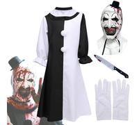 Kids Terrifier Art the Clown Costumes, 4PCS Halloween Scary Killer Clown Jumpsuit Outfits with Mask Gloves Knife Props (Black Dress, 130)