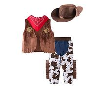 Kids Toddler Baby Boys Sleeveless Western Cowboy Costume for Kids Children Cosplay Vest Hat Scarf Pants 4pcs Set Halloween Party Fantasia Dress Up Sweater Vest Outfit Boys Set Coffee