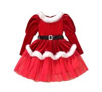 Kids Toddler Baby Girl Christmas Princess Dress Red Velvet Long Sleeve Fuzzy Collar Tutu Tulle Santa Dress Fancy Elegant Christmas Costume with Belt Gown Holiday Festive Outfit