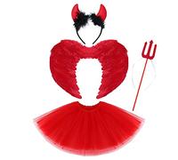 Kids Toddler Baby Girls Angel Devil Cupid Tulle Tutu Skirt+Angel Wings+Devil Horns+Magic Pitchfork Fairy Outfit Christmas Red Demon 4pcs 2-12 Years