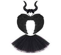 Kids Toddler Baby Girls Dark Angel Maleficent Tulle Tutu Skirt+Feather Devil Wings+Horn Headband Fairy Outfit Christmas Black Witch 3pcs 2-12 Years