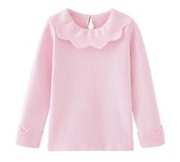 Kids Toddler Baby Girls Long Sleeve T-Shirt Top Blouse Doll Collar Solid Cotton Basic Layering Tees Plain Shirt Undershirt Pink