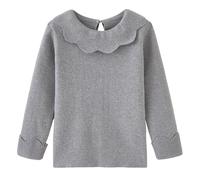 Kids Toddler Baby Girls Long Sleeve T-Shirt Top Blouse Doll Collar Solid Cotton Basic Layering Tees Plain Shirt Undershirt Grey