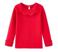 Kids Toddler Baby Girls Long Sleeve T-Shirt Top Blouse Doll Collar Solid Cotton Basic Layering Tees Plain Shirt Undershirt Red