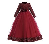 Kids Toddler Girls Christmas Long Sleeve Print Tulle Embroidery Lace Ruffles Party Evening Dress Wedding Dress Dress Why Dress (Red, 12-13 Years)