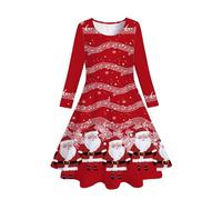 Kids Toddler Girls Christmas Trees Deer Print Christmas Long Sleeve Party Dress Girl Short Dress Red