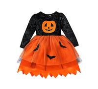 Kids Toddler Girls Dress Halloween Baby Long Sleeve Top Pumpkin Print Skirt Playwear Clothing Set Patchwork Princess Dresses Black 120 5-6 Years