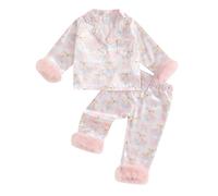 Kids Toddler Girls Silky Satin Easter Pyjamas Set with Feather Trim Long Sleeve Button Down Tops and Bottoms Easter Egg Pajamas Sets Matching Babies Easter Pjs (Bunny Light Rose, 18-24 Months)