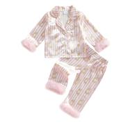 Kids Toddler Girls Silky Satin Easter Pyjamas Set with Feather Trim Long Sleeve Button Down Tops and Bottoms Easter Egg Pajamas Sets Matching Babies Easter Pjs (Bunny Striped Light Rose, 18-24 Months)