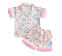 Kids Toddler Girls Silky Satin Easter Pyjamas Set with Feather Trim Short Sleeve Button Down Tops and Shorts Easter Pajamas Sets Matching Babies Easter Pjs (Egg Carrot Light Rose, 6-7 Years)