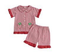 Kids Toddler Girls Summer Clothes Set Gingham Print Short Sleeve Button Down Tops and Shorts 2 Piece Outfits (Checkered Strawberry Red, 4-5 Years)