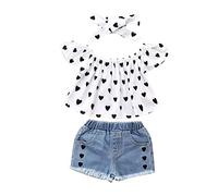 Kids Toddler Infant Baby Girls Short Sleeve Off Shoulder Love Print Tops Jeans Shorts Pants with Headbands 3PCS Set Kids Sweat Outfits Girls (Black, 2-3 Years)