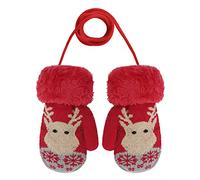 Kids Toddler Winter Warm Gloves Plush Lined Knitted Thermal Mittens with String Cute Elk Christmas Mitts Outdoor Neck Hanging Full Finger Insulated Ski Gloves Hand Warmer for Baby Boys Girls 0-3 Years