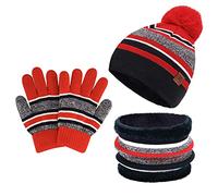 Kids Toddlers Winter Knit Warm Beanie Hat Scarf Gloves Set for Boys Girls Age 2-7, Pompom Cap Neck Warmer Gloves Fleece Lined, Red
