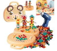 Kids Tool Set - 203PCS Magic Montessori Play Toolbox Bear with Electric Drill & Screw Tools, Creative Mosaic Puzzle Pretend Play Kit for Kids Ages 3-12 (Puppy)