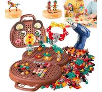 Kids Tool Set - 203PCS Magic Montessori Play Toolbox Bear with Electric Drill & Screw Tools, Creative Mosaic Puzzle Pretend Play Kit for Kids Ages 3-12 (Bear)
