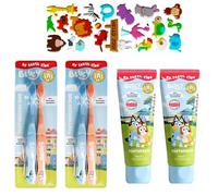 Kids Toothbrush and Toothpaste Bundle - 2X Bluey Toothbrush (Duo) and 2X Bluey Toothpaste. A Hadco 3D Puffy Sticker Sheet is Also Included (Sticker Design Picked At Random).
