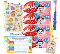 Kids Toothpaste Multi Pack Bundle - 4 x Splash Toothpaste 3-8 Strawberry (50ml), 2 Manual Kids Toothbrushes (Sucker), 30 Day Reward Chart and Free Puffy Stickers for Children (Packaging May Vary)