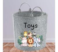 Kids Toy Basket -Large 50L Cute Safari Animals - Toy Storage and Organisation Hamper for Girls and Boys, Large Jungle Decor (Grey)