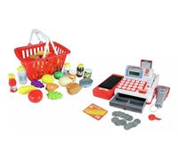 Kids Toy Cash Register with Shopping Basket, Play Money, Scanner and Grocery Items, Red