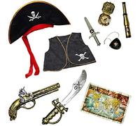 Kids Toy Pirate Fancy Dress Costume Accessory Set (Sword, Gun, Eyepatch, Compass, Treasure Money, Hat)