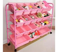 Kids Toy Storage Organizer, 4 Layers Multipurpose Metal Toy Storage Rack with 18 Detachable Plastic Large Small Bins for School Playroom Nursery Kids Room (Pink)