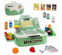 Kids Toy Till Cash Register with Scanner Microphone,Electric Calculator,Play Food Set Accessories,Mini Supermarket Shop Toys,Childs Pretend Role Play Learning Gifts for Age 3 4 5 Boys Girls (Green)