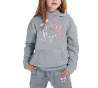 Kids Tracksuit Full Set for Boys Girls 2 Piece Long Sleeve Bow Print Hoodie and Bottom Jogging Pants with Pockets Comfortable Loungewear Sets Activewear Tracksuit Kids for Everyday Grey