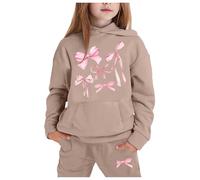 Kids Tracksuit Full Set for Boys Girls 2 Piece Outfit Long Sleeve Oversized Bow Print Hoodie and Bottom Jogging Pants with Pockets Children's Winter Sport Running Walking Track Suit Khaki