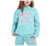 Kids Tracksuit Full Set for Boys Girls 2 Piece Outfit Long Sleeve Oversized Bow Print Hoodie and Bottom Jogging Pants with Pockets Children's Winter Sport Running Walking Track Suit Light Blue