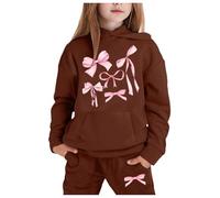 Kids Tracksuit Full Set for Boys Girls 2 Piece Outfit Long Sleeve Oversized Bow Print Hoodie and Bottom Jogging Pants with Pockets Children's Winter Sport Running Walking Track Suit Coffee