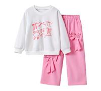 Kids Tracksuit Full Set for Boys Girls 2 Piece Toddler Girls Outfits Long Sleeve Crew Neck Bow Splicing Printed Top Elastic Waist Trousers 2Pcs Tracksuit Set Comfortable Loungewear Sets for Everyday