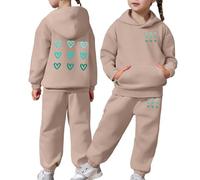 Kids Tracksuit Full Set Girls Boys 2 Piece Oversized Outfit Heart Print Long Sleeve Hoodie Sweatshirt and Trousers Pants Set for Teen Girls Children's Winter Sport Running Walking Track Suit Khaki