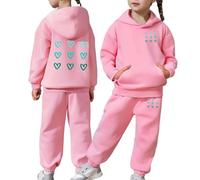 Kids Tracksuit Full Set Girls Boys 2 Piece Oversized Outfit Heart Print Long Sleeve Hoodie Sweatshirt and Trousers Pants Set for Teen Girls Children's Winter Sport Running Walking Track Suit Pink