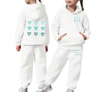 Kids Tracksuit Full Set Girls Boys 2 Piece Oversized Outfit Heart Print Long Sleeve Hoodie Sweatshirt and Trousers Pants Set for Teen Girls Children's Winter Sport Running Walking Track Suit White