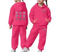 Kids Tracksuit Full Set Girls Boys 2 Piece Oversized Outfit Heart Print Long Sleeve Hoodie Sweatshirt and Trousers Pants Set for Teen Girls Children's Winter Sport Running Walking Track Suit Hot Pink