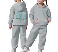 Kids Tracksuit Full Set Girls Boys 2 Piece Oversized Outfit Heart Print Long Sleeve Hoodie Sweatshirt and Trousers Pants Set for Teen Girls Children's Winter Sport Running Walking Track Suit Grey