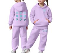 Kids Tracksuit Full Set Girls Boys 2 Piece Oversized Outfit Heart Print Long Sleeve Hoodie Sweatshirt and Trousers Pants Set for Teen Girls Children's Winter Sport Running Walking Track Suit Purple