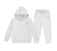 Kids Tracksuit Full Set UK 2 Piece Bow Print Oversized Outfit Long Sleeve Pullover Jumper Hoodie and Loose Sweatpants Bottom Jogging Pants with Pockets Comfortable Loungewear Sets for Everyday White