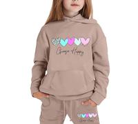 Kids Tracksuit Full Set UK 2 Piece Oversized Outfit Long Sleeve Pullover Sweatshirt Sweat Pants Baseball Plain Top Bottoms Hooded Winter Outfits Gifts for Children Unisex Age 5-16 Years Khaki