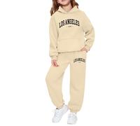 Kids Tracksuit Full Set UK,Girls Boys Oversized 2 Piece Outfit Long Sleeve Los Angeles Letter Print Hoodie and Sweatpants Casual Sweatshirt Set Y2K Gym Activewear Beige